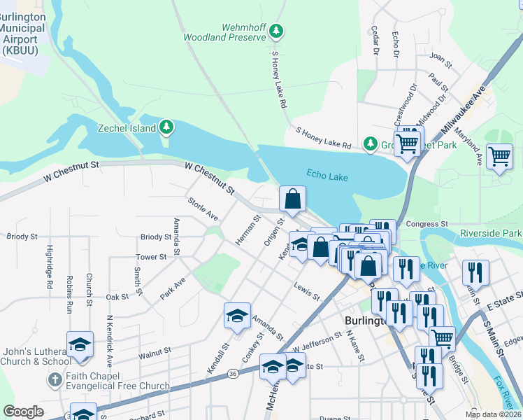 map of restaurants, bars, coffee shops, grocery stores, and more near 313 West Chestnut Street in Burlington