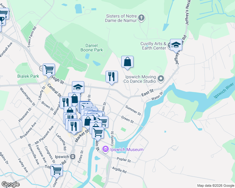 map of restaurants, bars, coffee shops, grocery stores, and more near 10 Summer Street in Ipswich
