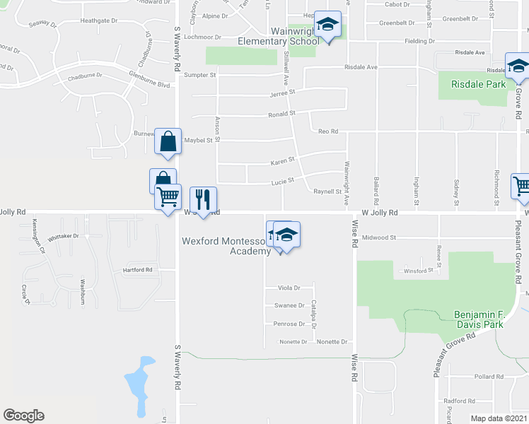 map of restaurants, bars, coffee shops, grocery stores, and more near W Jolly Rd & Wexford Rd in Lansing