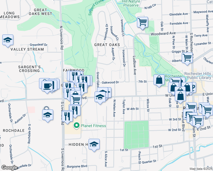 map of restaurants, bars, coffee shops, grocery stores, and more near 1050 West University Drive in Rochester Hills