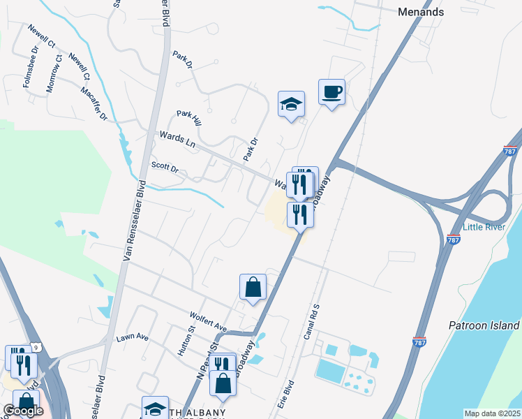 map of restaurants, bars, coffee shops, grocery stores, and more near 11 Park Lane East in Menands