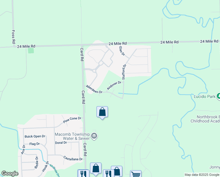 map of restaurants, bars, coffee shops, grocery stores, and more near 21912 Aberdeen Drive in Macomb