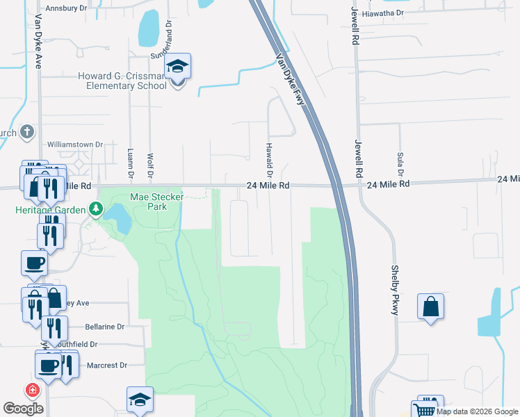 map of restaurants, bars, coffee shops, grocery stores, and more near 11224 24 Mile Road in Macomb County