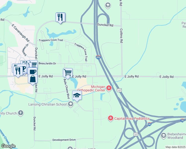 map of restaurants, bars, coffee shops, grocery stores, and more near 3413-3499 Pine Tree Rd in Lansing