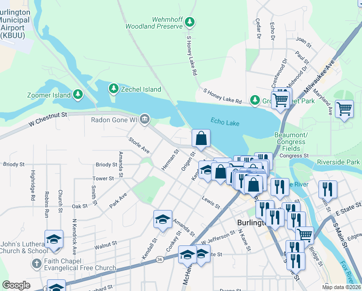 map of restaurants, bars, coffee shops, grocery stores, and more near 313 West Chestnut Street in Burlington