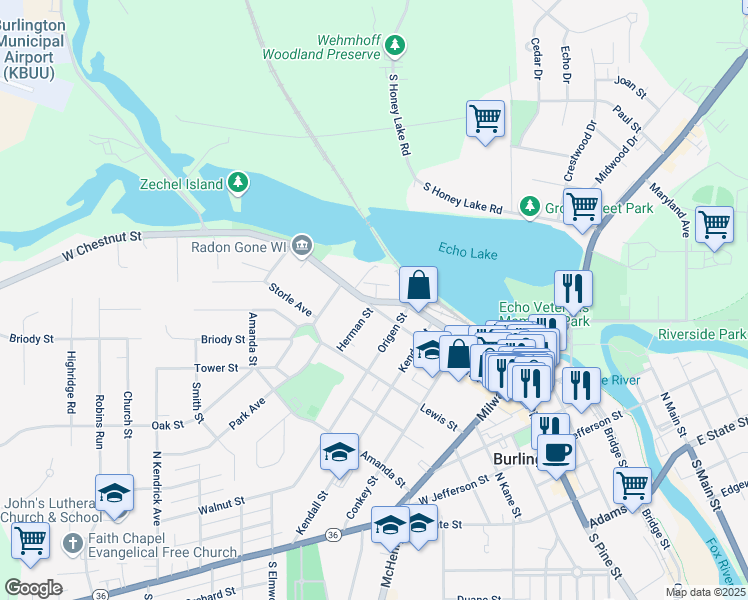 map of restaurants, bars, coffee shops, grocery stores, and more near 313 West Chestnut Street in Burlington