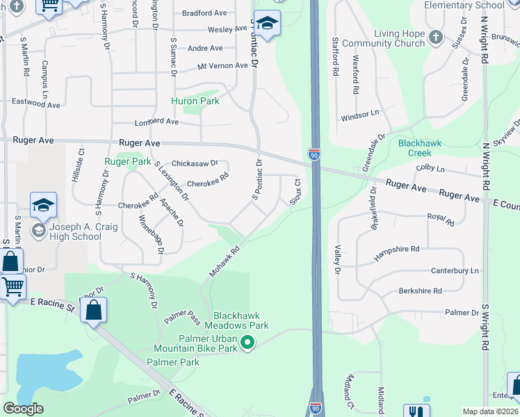map of restaurants, bars, coffee shops, grocery stores, and more near 312 Mohawk Road in Janesville