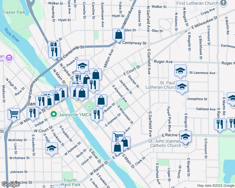 map of restaurants, bars, coffee shops, grocery stores, and more near 212 South Atwood Avenue in Janesville
