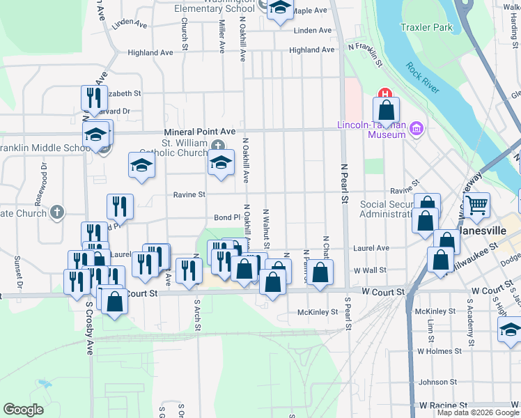map of restaurants, bars, coffee shops, grocery stores, and more near 300 North Oakhill Avenue in Janesville