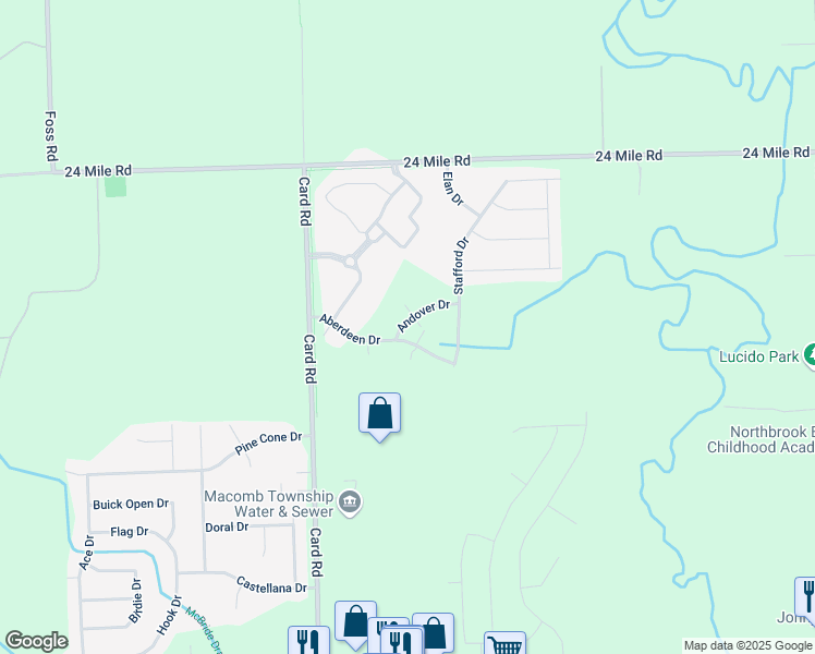 map of restaurants, bars, coffee shops, grocery stores, and more near 21912 Aberdeen Drive in Macomb