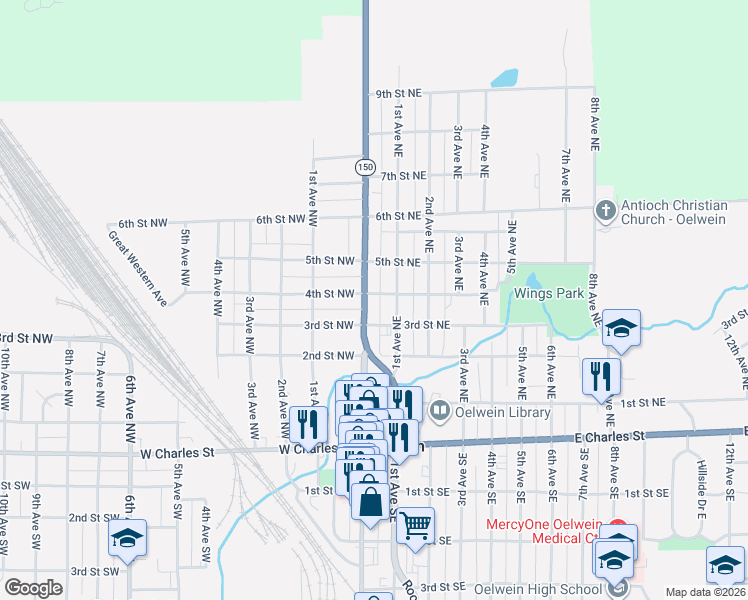 map of restaurants, bars, coffee shops, grocery stores, and more near 1-99 3rd St NE in Oelwein