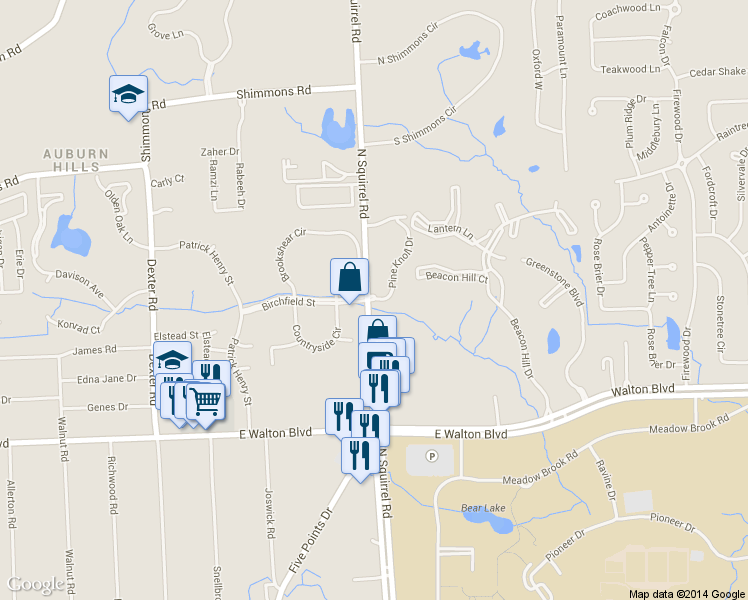 map of restaurants, bars, coffee shops, grocery stores, and more near 2770 Pine Knoll Drive in Auburn Hills