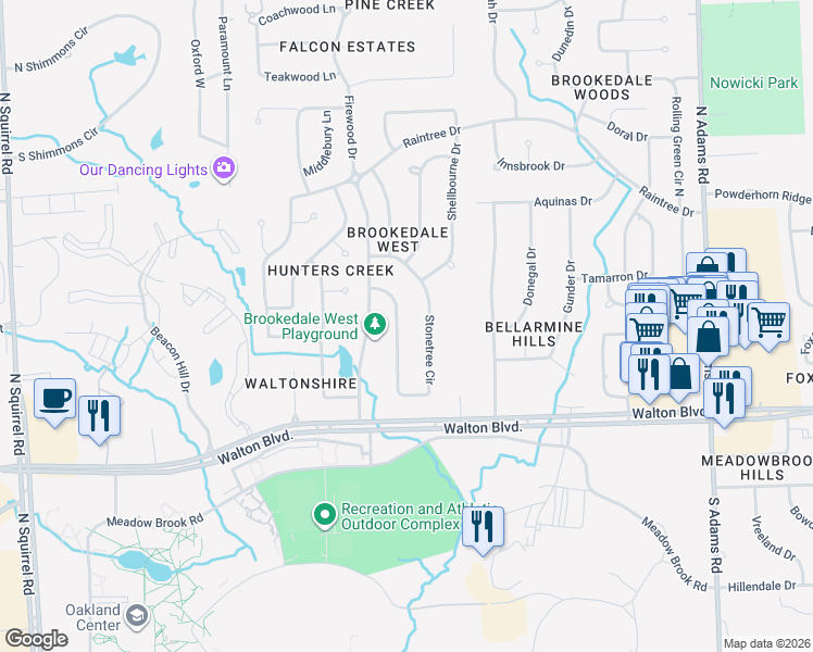 map of restaurants, bars, coffee shops, grocery stores, and more near 72 Stonetree Circle in Rochester Hills