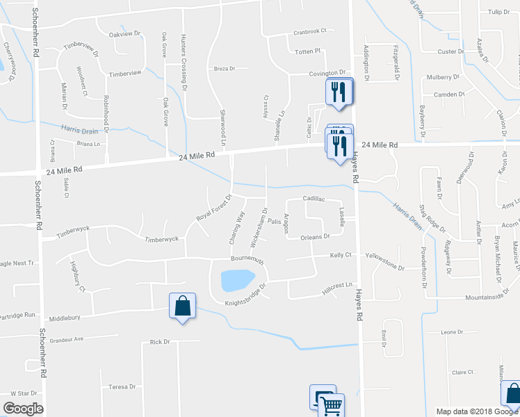 map of restaurants, bars, coffee shops, grocery stores, and more near 52675 Wickersham Drive in Shelby charter Township