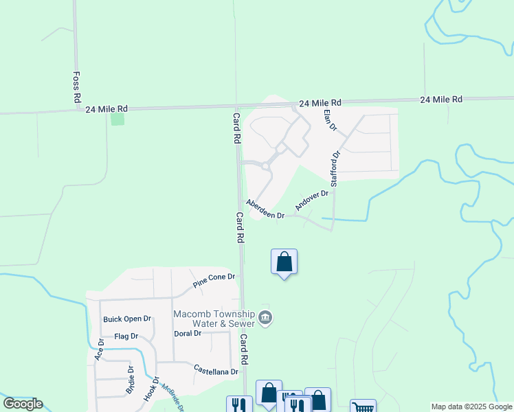 map of restaurants, bars, coffee shops, grocery stores, and more near 21912 Aberdeen Drive in Macomb