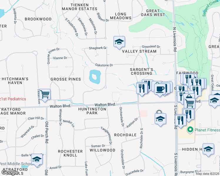 map of restaurants, bars, coffee shops, grocery stores, and more near 184 Shagbark Drive in Rochester Hills