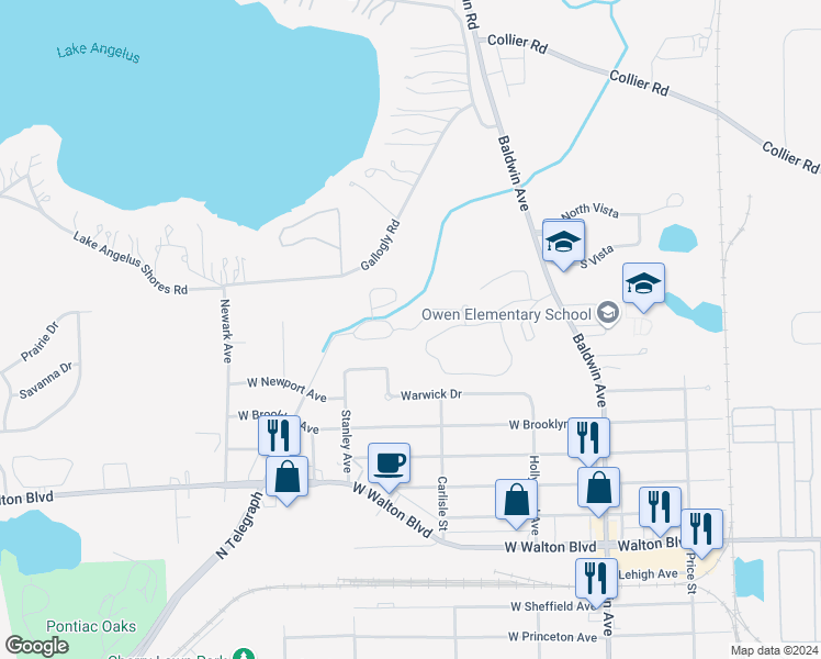map of restaurants, bars, coffee shops, grocery stores, and more near 600 Seville Boulevard in Pontiac