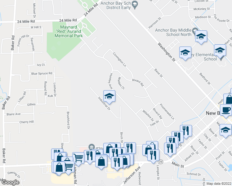 map of restaurants, bars, coffee shops, grocery stores, and more near 52122 Huntley Avenue in New Baltimore