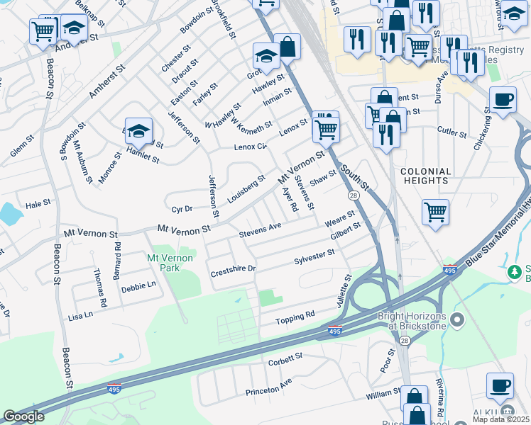map of restaurants, bars, coffee shops, grocery stores, and more near 32 Stevens Avenue in Lawrence