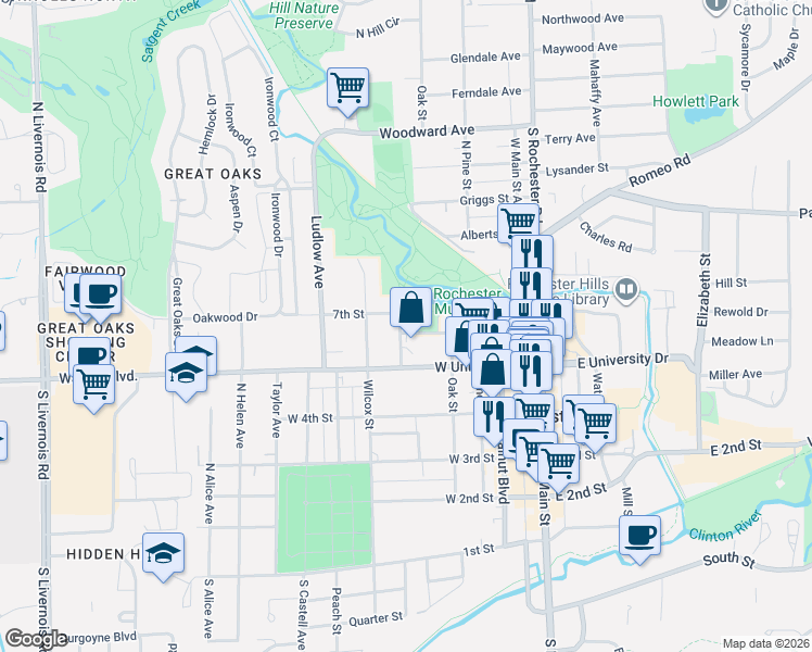 map of restaurants, bars, coffee shops, grocery stores, and more near 432 West University Drive in Rochester