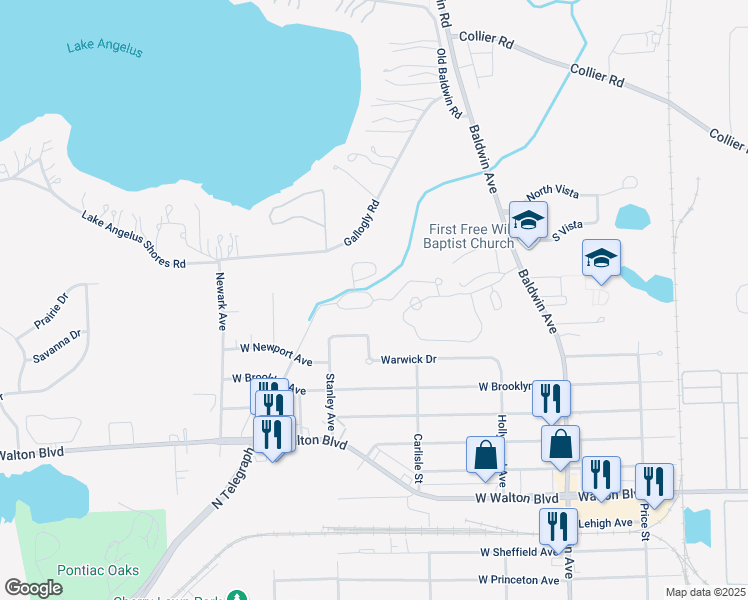 map of restaurants, bars, coffee shops, grocery stores, and more near 601 Woodlake Lane in Pontiac