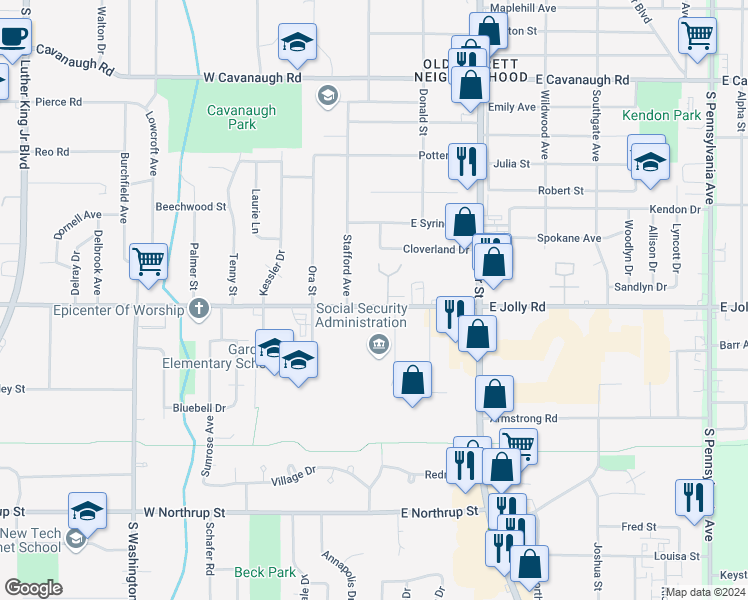 map of restaurants, bars, coffee shops, grocery stores, and more near 120 East Jolly Road in Lansing