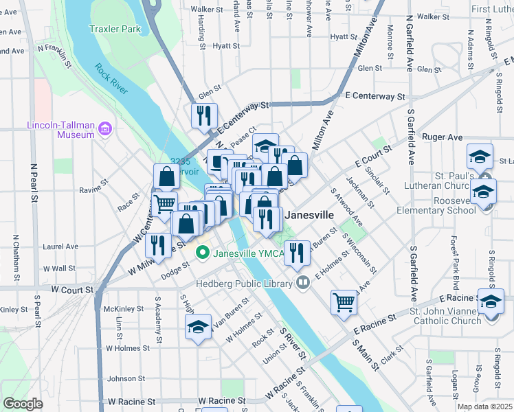 map of restaurants, bars, coffee shops, grocery stores, and more near 101 East Milwaukee Street in Janesville