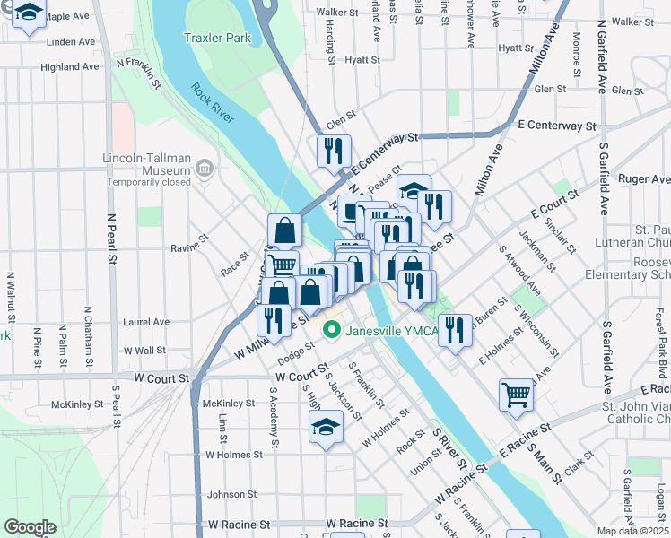 map of restaurants, bars, coffee shops, grocery stores, and more near 100 West Milwaukee Street in Janesville