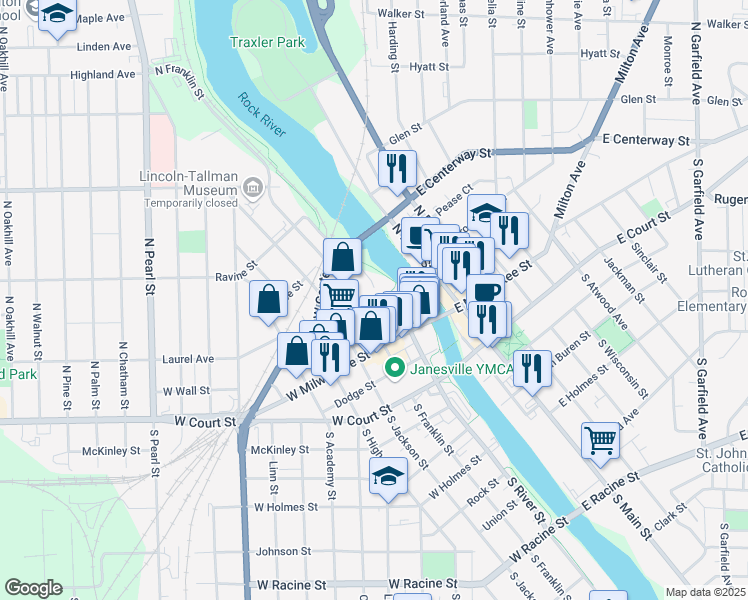 map of restaurants, bars, coffee shops, grocery stores, and more near 15 North Franklin Street in Janesville