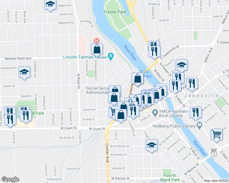 map of restaurants, bars, coffee shops, grocery stores, and more near 221 North Academy Street in Janesville