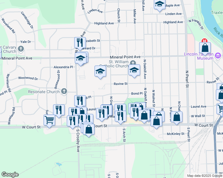 map of restaurants, bars, coffee shops, grocery stores, and more near 2217 Bond Place in Janesville