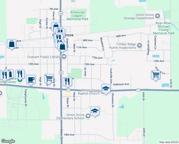 map of restaurants, bars, coffee shops, grocery stores, and more near 640 14th Avenue in Union Grove