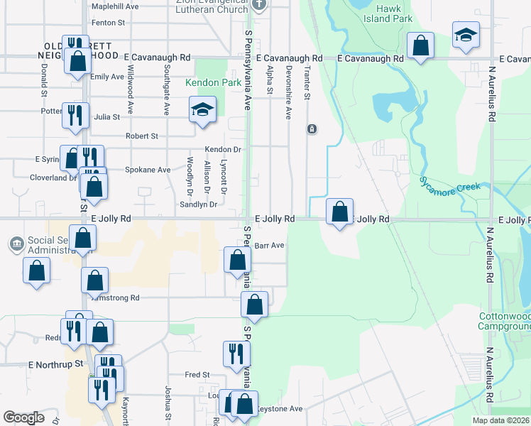 map of restaurants, bars, coffee shops, grocery stores, and more near 1020 East Jolly Road in Lansing