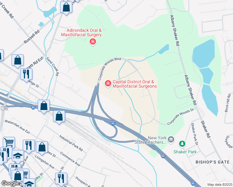 map of restaurants, bars, coffee shops, grocery stores, and more near 8 Southwoods Boulevard in Albany