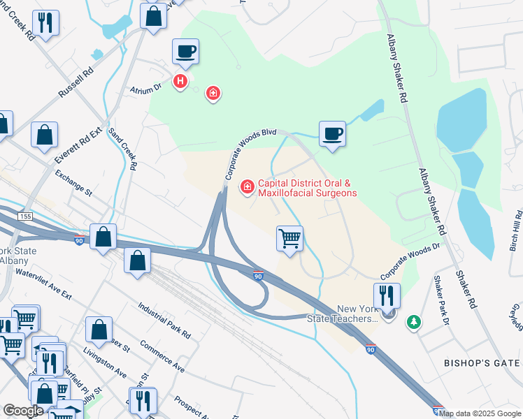 map of restaurants, bars, coffee shops, grocery stores, and more near 8 Southwoods Boulevard in Albany