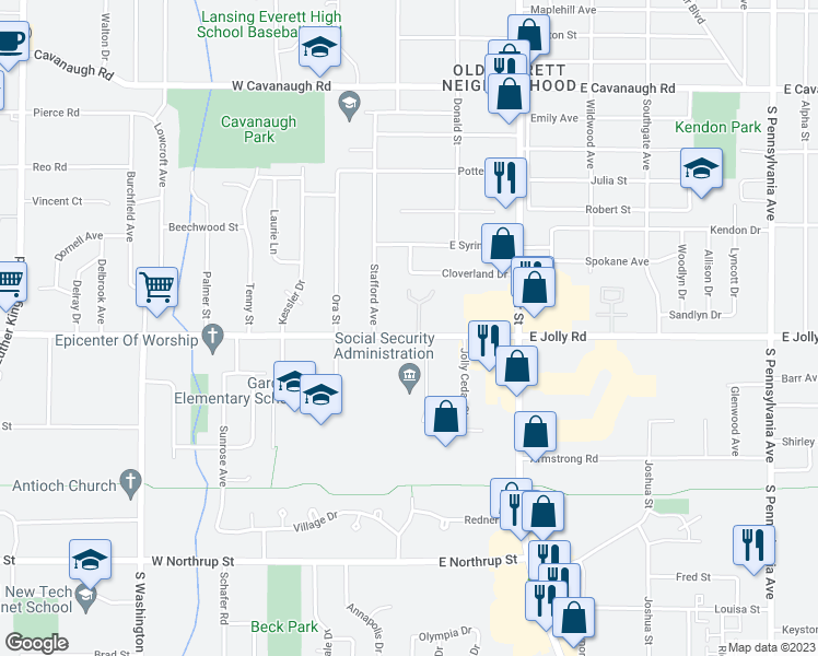 map of restaurants, bars, coffee shops, grocery stores, and more near 101 East Jolly Road in Lansing