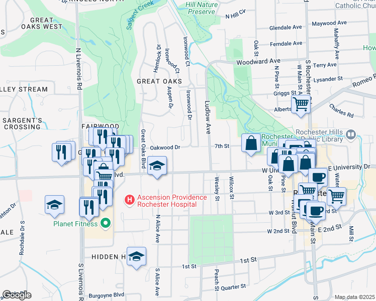 map of restaurants, bars, coffee shops, grocery stores, and more near 950 West University Drive in Rochester