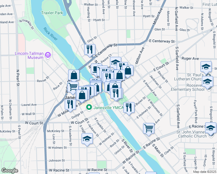 map of restaurants, bars, coffee shops, grocery stores, and more near 101 East Milwaukee Street in Janesville