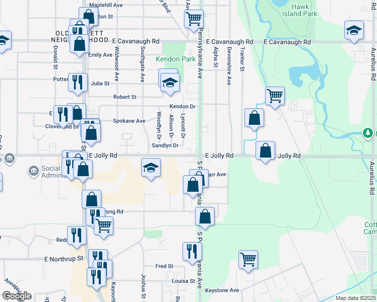 map of restaurants, bars, coffee shops, grocery stores, and more near 909 East Jolly Road in Lansing