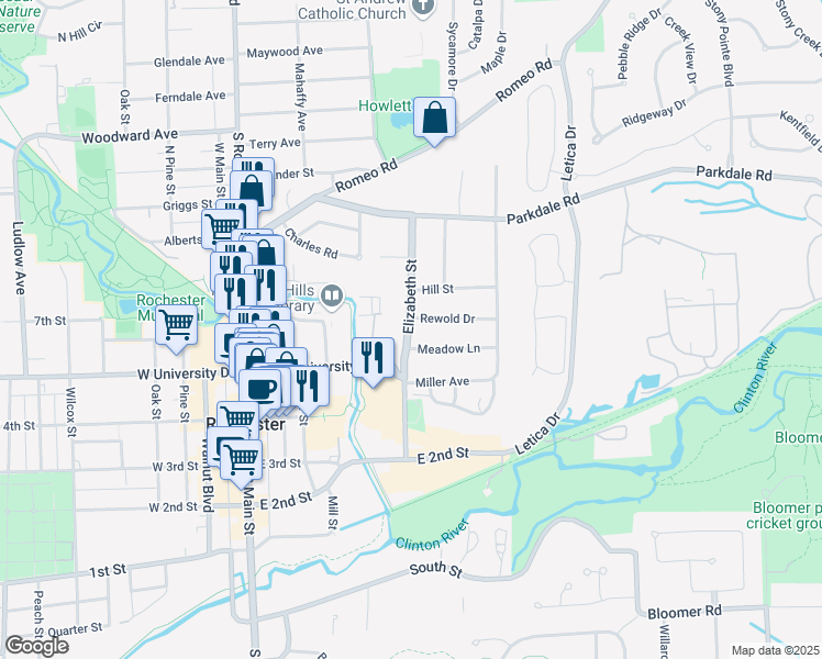 map of restaurants, bars, coffee shops, grocery stores, and more near 420 Hill Street in Rochester
