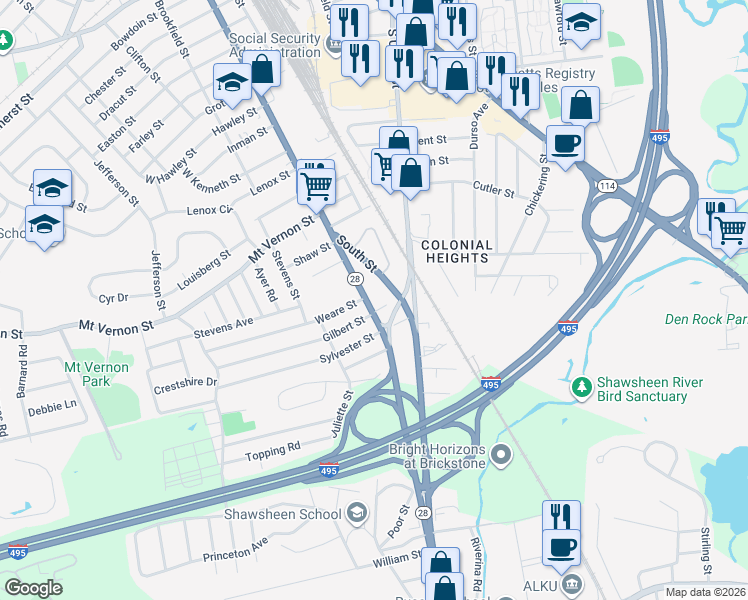 map of restaurants, bars, coffee shops, grocery stores, and more near 17 South Street in Lawrence