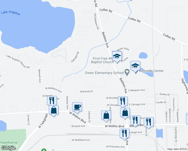 map of restaurants, bars, coffee shops, grocery stores, and more near 729 Seville Boulevard in Pontiac