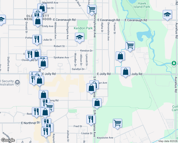 map of restaurants, bars, coffee shops, grocery stores, and more near 4922 South Pennsylvania Avenue in Lansing