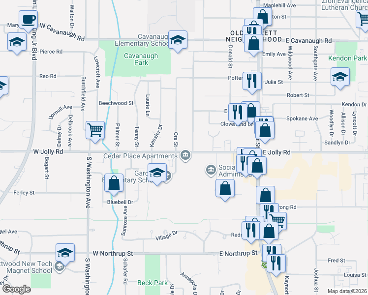 map of restaurants, bars, coffee shops, grocery stores, and more near 5011 Ora Street in Lansing