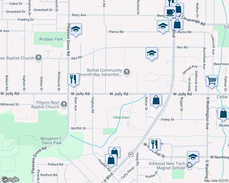 map of restaurants, bars, coffee shops, grocery stores, and more near 1726 West Jolly Road in Lansing
