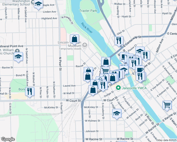 map of restaurants, bars, coffee shops, grocery stores, and more near 326 North High Street in Janesville