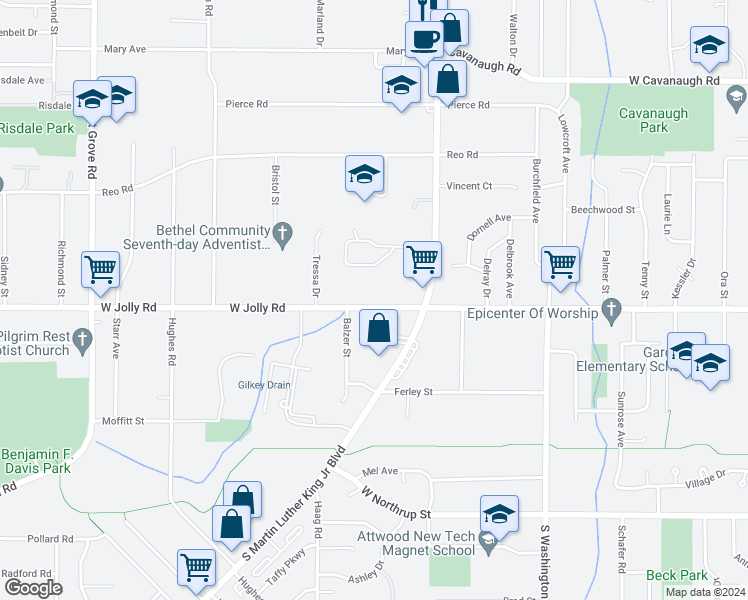 map of restaurants, bars, coffee shops, grocery stores, and more near 1230 West Jolly Road in Lansing