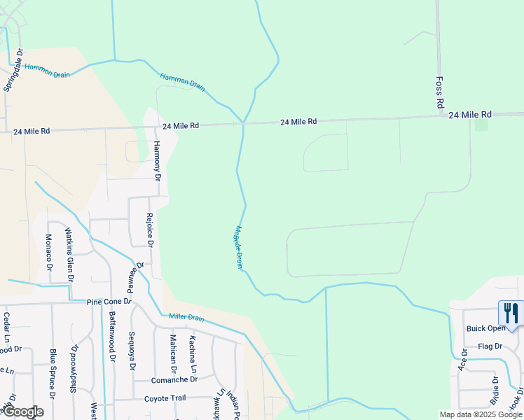 map of restaurants, bars, coffee shops, grocery stores, and more near 20570 24 Mile Road in Macomb