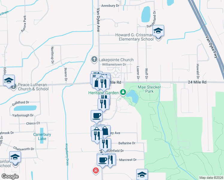 map of restaurants, bars, coffee shops, grocery stores, and more near 8128 24 Mile Road in Macomb County