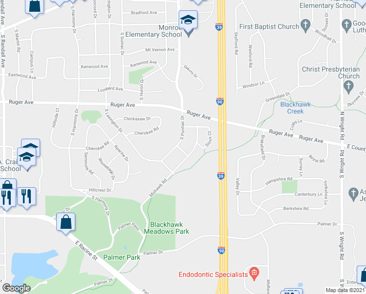 map of restaurants, bars, coffee shops, grocery stores, and more near 2805 Iroquois Court in Janesville